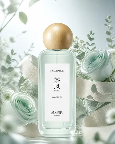 AI image example: perfume bottle product shot with mint roses